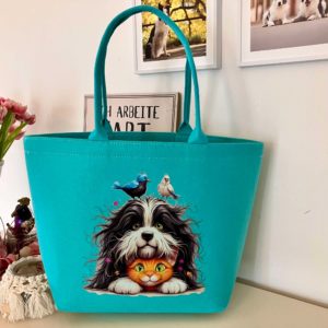 Filz Tasche - Einkaufstasche - Trainingstasche - türkis - Hund - Katze - Vogel