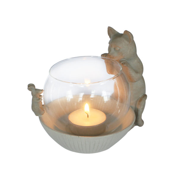 Teelichthalter-Happy House-Windlicht-Kerze-romantisch-Geschenk-Katze-Maus